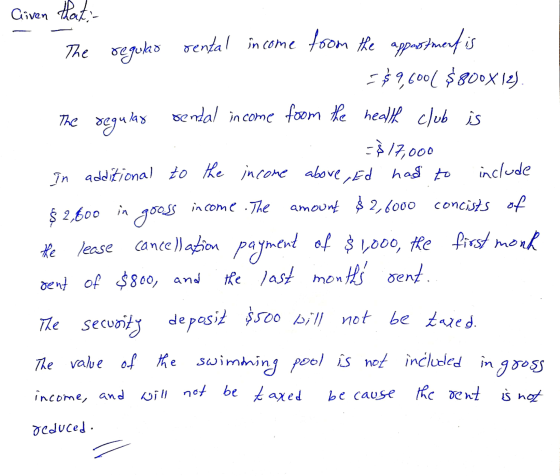 Given that The regular rental income from the appostment is - $ 9,6000 $800X12) The regular sendal income from the health clu