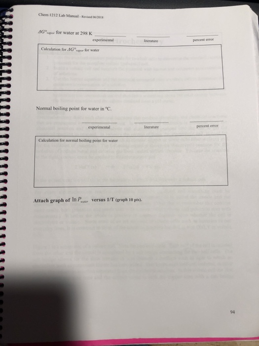 Chem 1212 Lab Manual-Revisnd 06/2018 4Gpor for water at 298 K experimental percent error linerature Calculation for 4G for wa