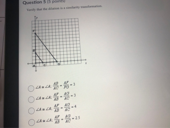 Question 5 (5 points) Verify that the dilation is a similarity transformation. ОООО LA = LA; 48 - 4 - 3 ZA & ZA; AF - AG - 3