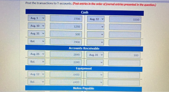 Post the transactions to T-accounts. (Post entries in the order of Journal entries presented in the question.) Cash Aug. 1 77