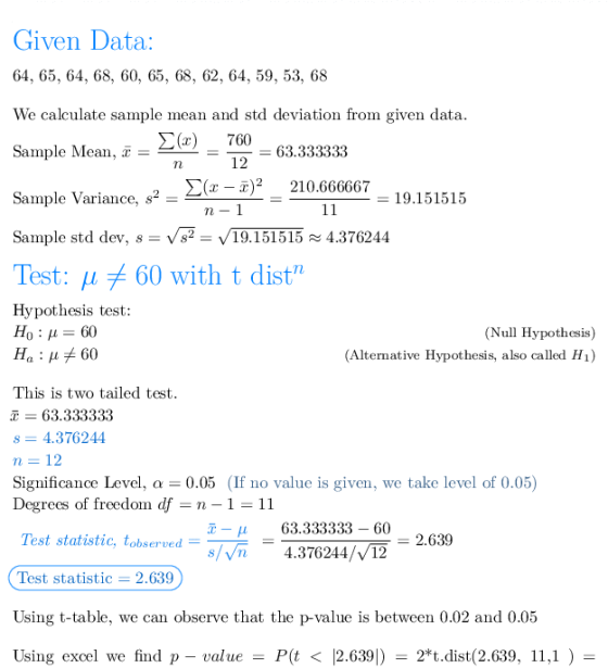Given Data: 64, 65, 64, 68, 60, 65, 68, 62, 64, 59, 53, 68 We calculate sample mean and std deviation from given data Sample