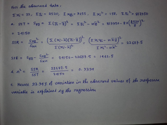 fon.he aasen ved data 24150 22 687, 5 = SSE= S88-sr- 24 l 50-22637-5-1462.5 22687. S 2415o -0. 9394 SST e hence 93.94% of vaniatan in kfe o4sewed values of kfo setons variadle is explained Anhgnesson