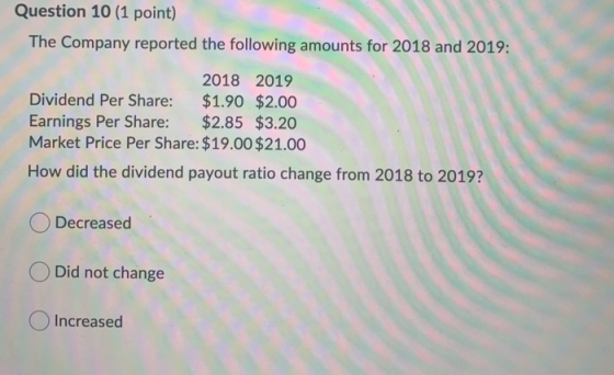 Question 10 (1 point) The Company reported the following amounts for 2018 and 2019: 2018 2019 Dividend Per Share: $1.90 $2.00
