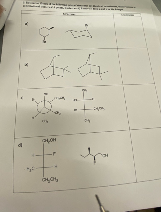 6. Determine if each of the following pairs of strectures are identical, enantiomens, diasteresmers or constitutional isomers