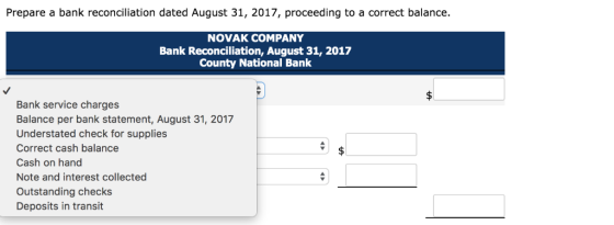 Prepare a bank reconciliation dated August 31, 2017, proceeding to a correct balance. NOVAK COMPANY Bank Reconciliation, Augu