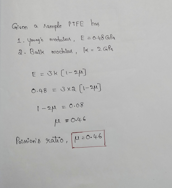 Given a sample PTFE has 1. Youngs modulus, E=0.48 Gla 2. Balk modalus, 16 = 2 Gla. E=3K (i-2 ] 0.48 = 3x2 (1-24] 1-2M = 0.08