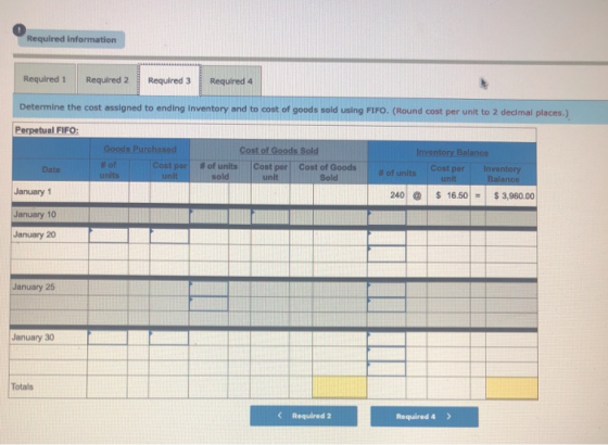 Required information Required 1 Required 2 Required 3 Required 4 Determine the cost assigned to ending Inventory and to cost
