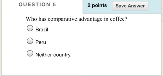 QUESTION 5 2 points Save Answer Who has comparative advantage in coffee? Brazil Peru Neither countrv