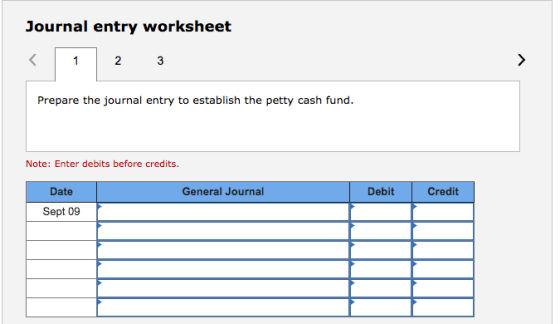 Journal entry worksheet 1 2 3 Prepare the journal entry to establish the petty cash fund. Note: Enter debits before credits.
