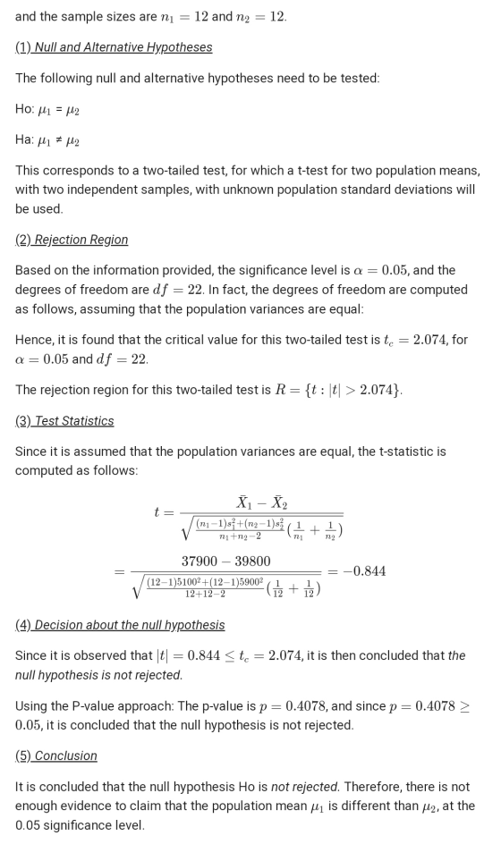 and the sample sizes are ni 12 and n2 12. (1) Null and Alternative Hypotheses The following null and alternative hypotheses n
