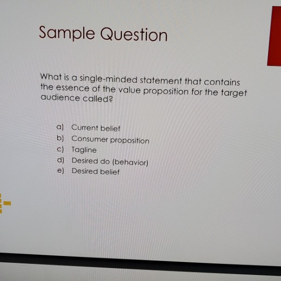 Sample Question What is a single-minded statement that contains the essence of the value proposition for the target audience