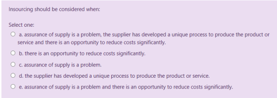 Insourcing should be considered when: Select one: O a. assurance of supply is a problem, the supplier has developed a unique