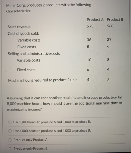 Miller Corp. produces 2 products with the following: characteristics: Product A Product B $75 $60 Sales revenue Cost of goods