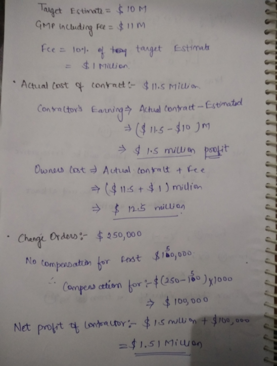 Target Estimate = $ 10M Fee = $11m GMP including Fee = Fee = 10% of tooq target Estimate $1 Million Actual Cost of contract e