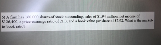 6) A firm has 160,000 shares of stock outstanding, sales of $1.94 million, net income of $126,400, a price-earnings ratio of