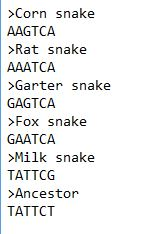 >Corn snake AAGTCA >Rat snake AAATCA >Garter snake GAGTCA Fox snake GAATCA >Milk snake TATTCG >Ancestor TATTCT
