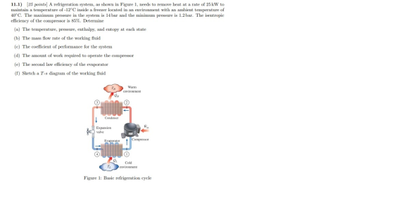 11.1) (25 points) A refrigeration system, as shown in Figure 1, needs to remove heat at a rate of 25 kW to maintain a tempera