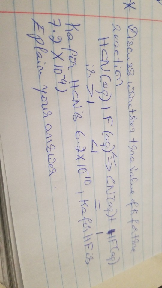 * Discuss whether the value off for the reaction HON Cas) + F (ap) CN (ap) Flag) I is - I ka for HEN is 6.9x1010, Kafor HF is