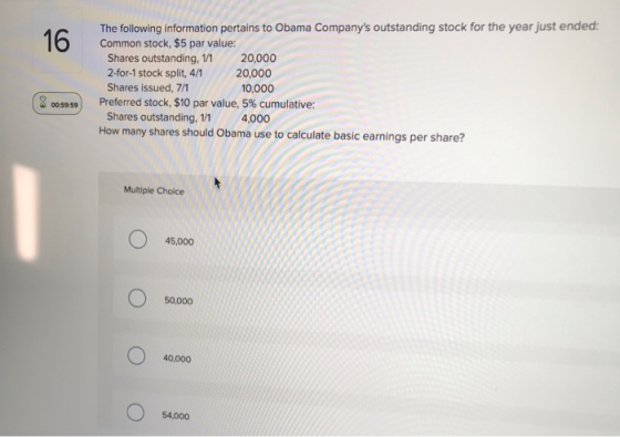The following information pertains to Obama Companys outstanding stock for the yearjust ended: Common stock, $5 par value: 1