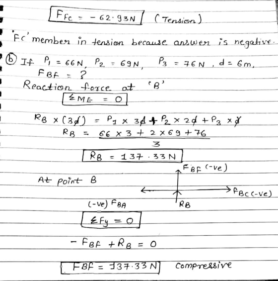 Ffo P, . 62.93N (Tension) fc member in tension because answer is negative. © If = 66N Pz de 6 m. 69N, P3 = 76N FBF - ? React