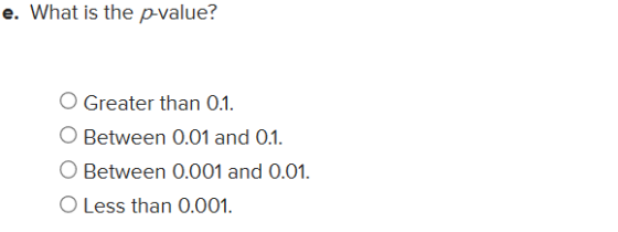e. What is the p-value? O Greater than 0.1. O Between 0.01 and 0.1. O Between 0.001 and 0.01. O Less than 0.001.