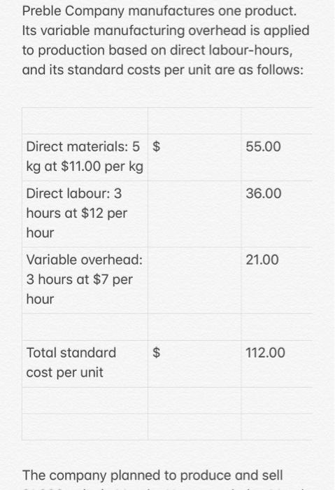Preble Company manufactures one product. Its variable manufacturing overhead is applied to production based on direct labour-