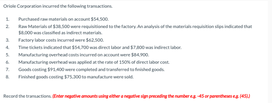 Oriole Corporation incurred the following transactions. 1. 2. 3. 4. Purchased raw materials on account $54,500. Raw Materials