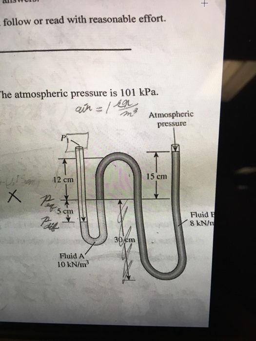 follow or read with reasonable effort. he atmospheric pressure is 101 kPa. ans/ Atmospheric pressure 12 cm 15 cm 가 5 cm Fluid 30 cm Fluid A 10 kN/m3