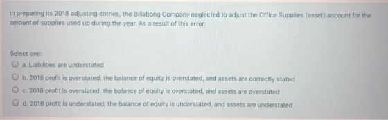In preparing its 2018 adjusting entries, the Billabong Company neglected to adjust the Office Supplies (asset) account for th