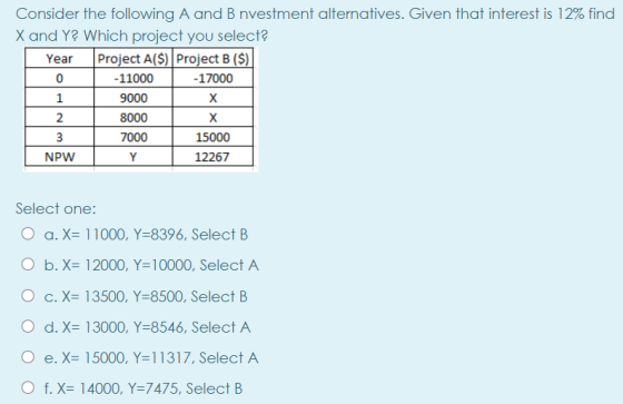 Consider the following A and B nvestment alternatives. Given that interest is 12% find X and Y? Which project you select? Yea