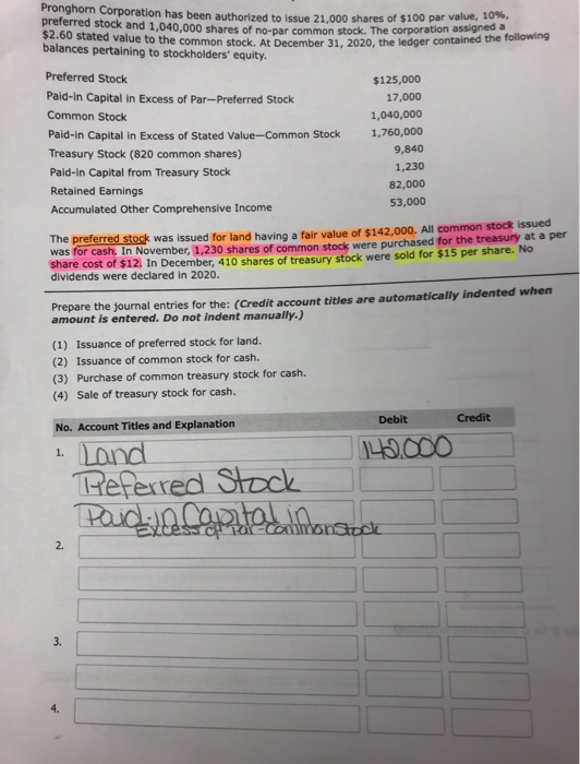 Pronghorn Corporation has been authorized to issue 21.000 shares of $100 par value, 10 preferred stock and 1.040.000 shares o