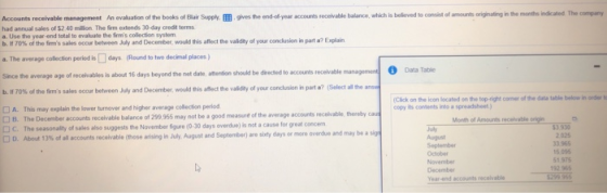 Accounts receivable management An evaluation of the books of Blair Supply. B gives the end-ol year accounts recelvable balance, which is beleved to consist of mounts originating in the moniths indcated The copny had annual sales of $2.40 million The fim extends 30-day credit terms a. Use the year-end totall to evaluabe the fems collection system b.If70% of the firms sales occur between July and December would this affect the valdty of your conclusion in part a? Explain a.Theaverage colection period is□days Round to two decimal places) Since the average age of recelvables is about 16 days beyond the net date, utention should be directed to accounts receivable management b.lf70% ofthe firms sales occur between July and December, wodd this afect the valony of your conclusion n pat a? (Select an Data Table (Cick on the icon located on the top-right corner of the data table below in order s copy its condents into a spreadsheet A. This may explain the lower turnover and higher average collection period B. The December accounts recelvable balance of 299 955 may not be a good measure of the average accounts receivable, thereby cau D C. The seasonality of sales also supgests the November figure (0-30 days overdue) is not a cause for great concen Month of Amounts recevable r July August more overdue and may be no 2 025 33.965 15 095 51,975 192 965 ®D. About 13% of all accounts receivable (those arising in July August and September) ae sixty days October November December Year-end accounts rec le