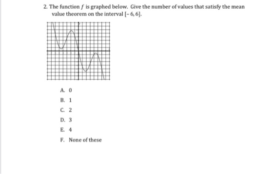 2. The function f is graphed below. Give the number of values that satisfy the mean value theorem on the interval (-6,6]. A.
