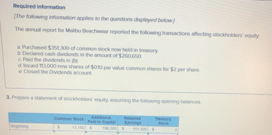 Required information [The following information applies to the questions displayed below.] The annual report for Malibu Beach