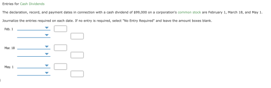 Entries for Cash Dividends The declaration, record, and payment dates in connection with a cash dividend of $99,000 on a corp