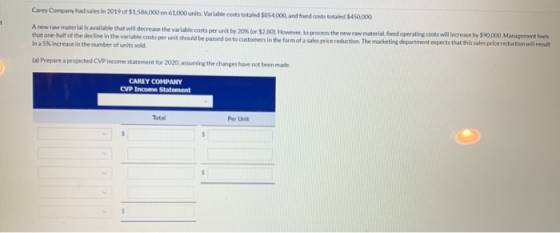 Carey Company had sales in 2019 of $1.585,000 on 61.000 units Variable costs totaled $854.000, and fed costs totaled $450.000