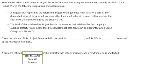 The CFO has asked you to compute Project Zetas initial investment using the information currently available to you. He has o