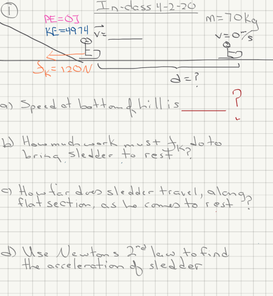 In-dass 4-2-20 PE=0] KE=4974 m = 70kg a= S = 120N L a) Speed at bottom of Willis b How much work must to do to I bring sledde