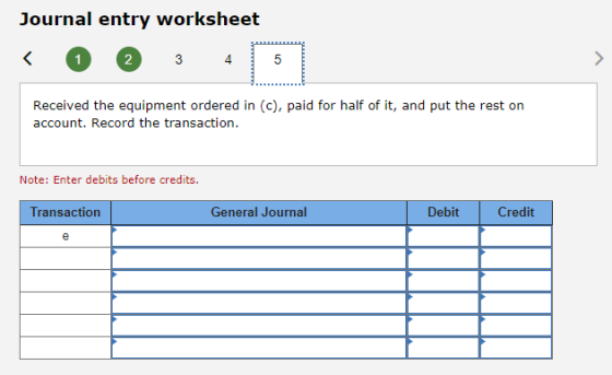 Journal entry worksheet < 1 2 3 4 6 Received the equipment ordered in (c), paid for half of it, and put the rest on account.