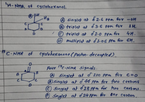 H-NMR of cyclohexanol. 。 て てー triplet at d3.6 pem for 1H triples at d2.o Pem for 4H @) mdtiels at dl.o6 PPo for GH C-NM of cy