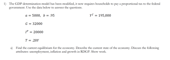 1) The GDP determination model has been modified, it now requires households to pay a proportional tax to the federal governm