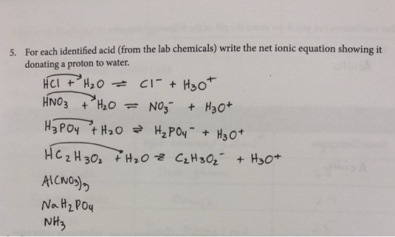 For each identified acid (from the lab chemicals) write the net ionic equation showing it donating a proton to water. 5. NH