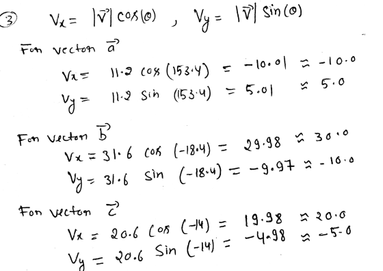 3 Ve= lv]cos) Vy = 1 V) sin(o) For vecton Va= 11.2 C08 (153.4) ç -10.01 -10.0 Il-3 sin (153.4) = 5.01 SS 5.0 vy of 29.98 ñ 30