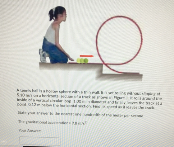 A tennis ball is a hollow sphere with a thin wall. It is set rolling without slipping at 5.10 m/s on a horizontal section of