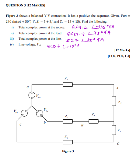QUESTION 3 [12 MARKS Figure 3 shows a balanced Y-Y connection. It has a positive abe sequence. Given, Van = 240 sin(wt + 50°)