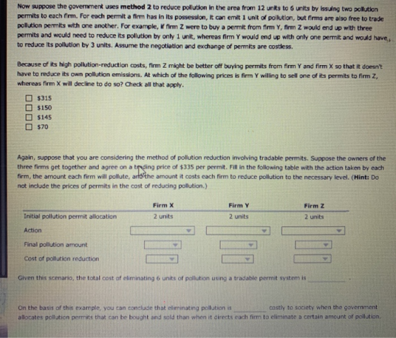 Now suppose the government uses method 2 to reduce pollution in the area from 12 units to 6 units by Issuing two pollution pe