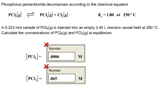 Phosphorus pentachloride decomposes according to the chemical equation PCl K 1.80 at 250° C A 0.223 mol sample of PCIs(g) is injected into an empty 3.40 L reaction vessel held at 250°C. Calculate the concentrations of PCl5(g) and PCl3(g) at equilibrium Number PC 0006 Number PCI,065