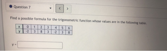Question 7 > Find a possible formula for the trigonometric function whose values are in the following table. х 1 0 -2 NO 23 8