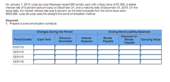 On January 1, 2013, Loop de Loop Raceway issued 550 bonds, each with a face value of $1,000, a stated interest rate of 5 perc