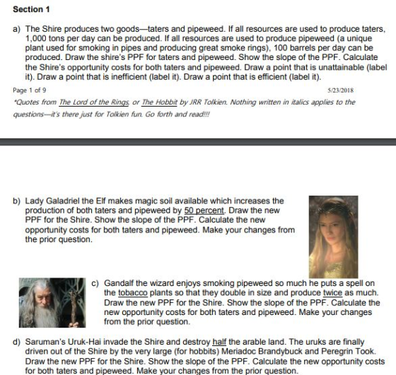 Section 1 a) The Shire produces two goods-taters and pipeweed. If all resources are used to produce taters. 1,000 tons per da